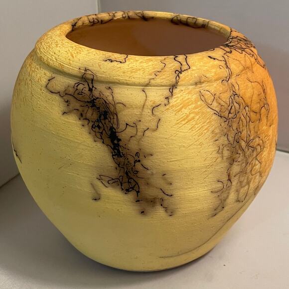 Signed Horsehair Pottery Vase in Mustard & Yellow EUC - Picture 3 of 8